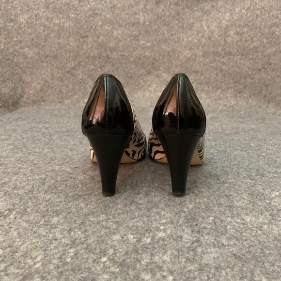 Anne Klein Women’s Leather Heel Black and Cream Zebra Pattern Peep Toe Shoes - Picture 11 of 12